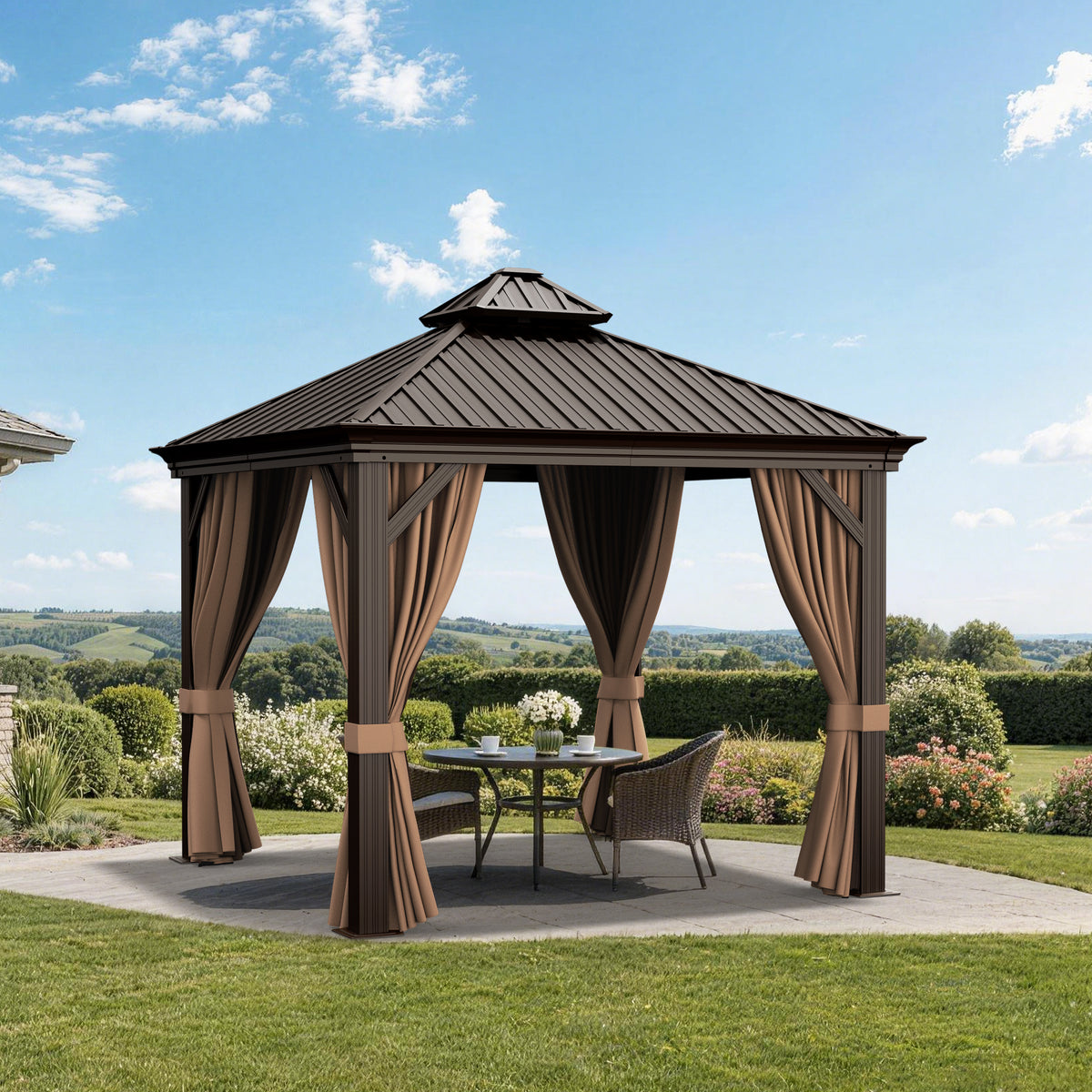 Patioslife Luxury Haven Coastal Hardtop Gazebo | Designed for Australian Outdoor Conditions with 120×120mm Aluminium Posts, Drainage Gutters, Double Vented Roof & Curtains