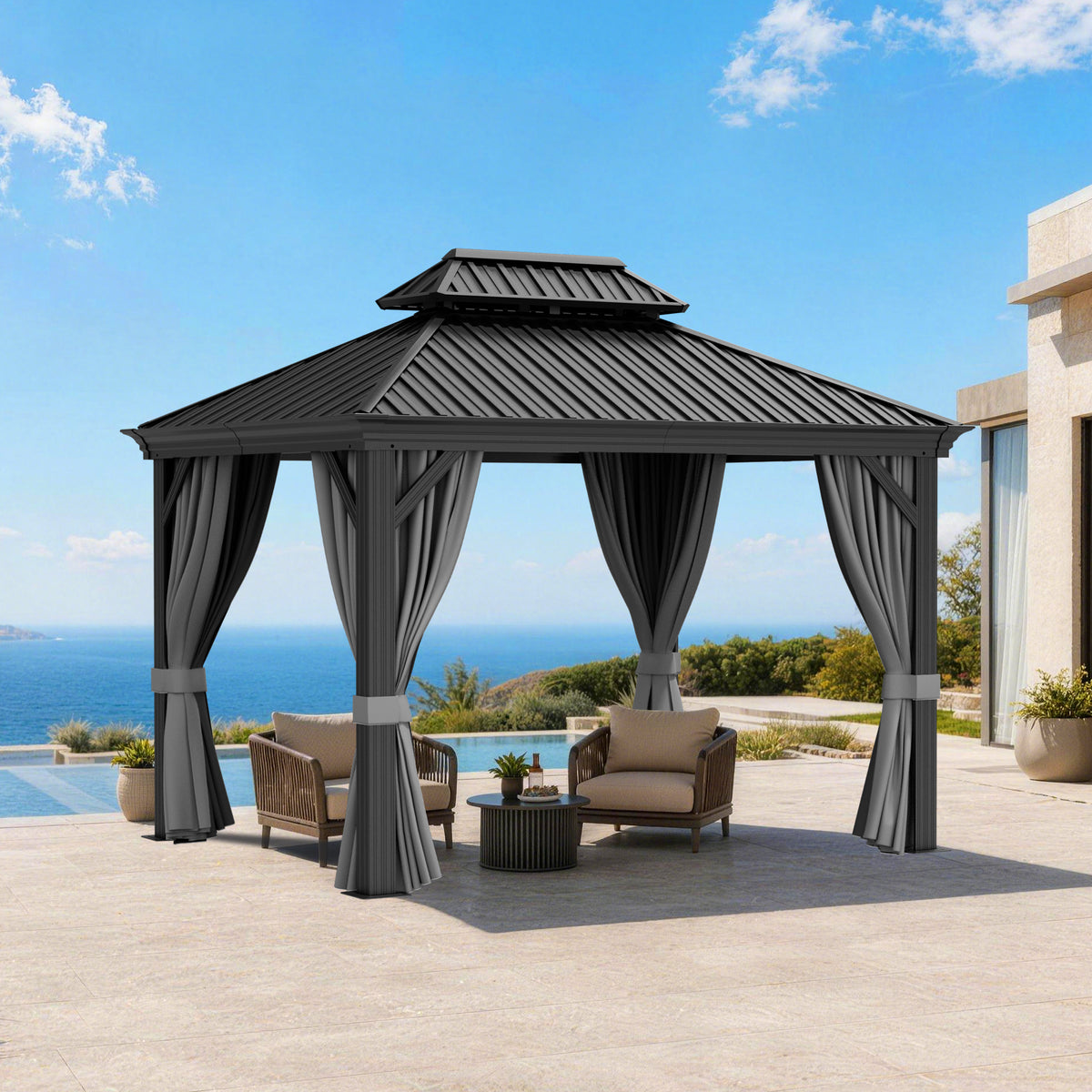 Patioslife Luxury Haven Coastal Hardtop Gazebo | Designed for Australian Outdoor Conditions with 120×120mm Aluminium Posts, Drainage Gutters, Double Vented Roof & Curtains