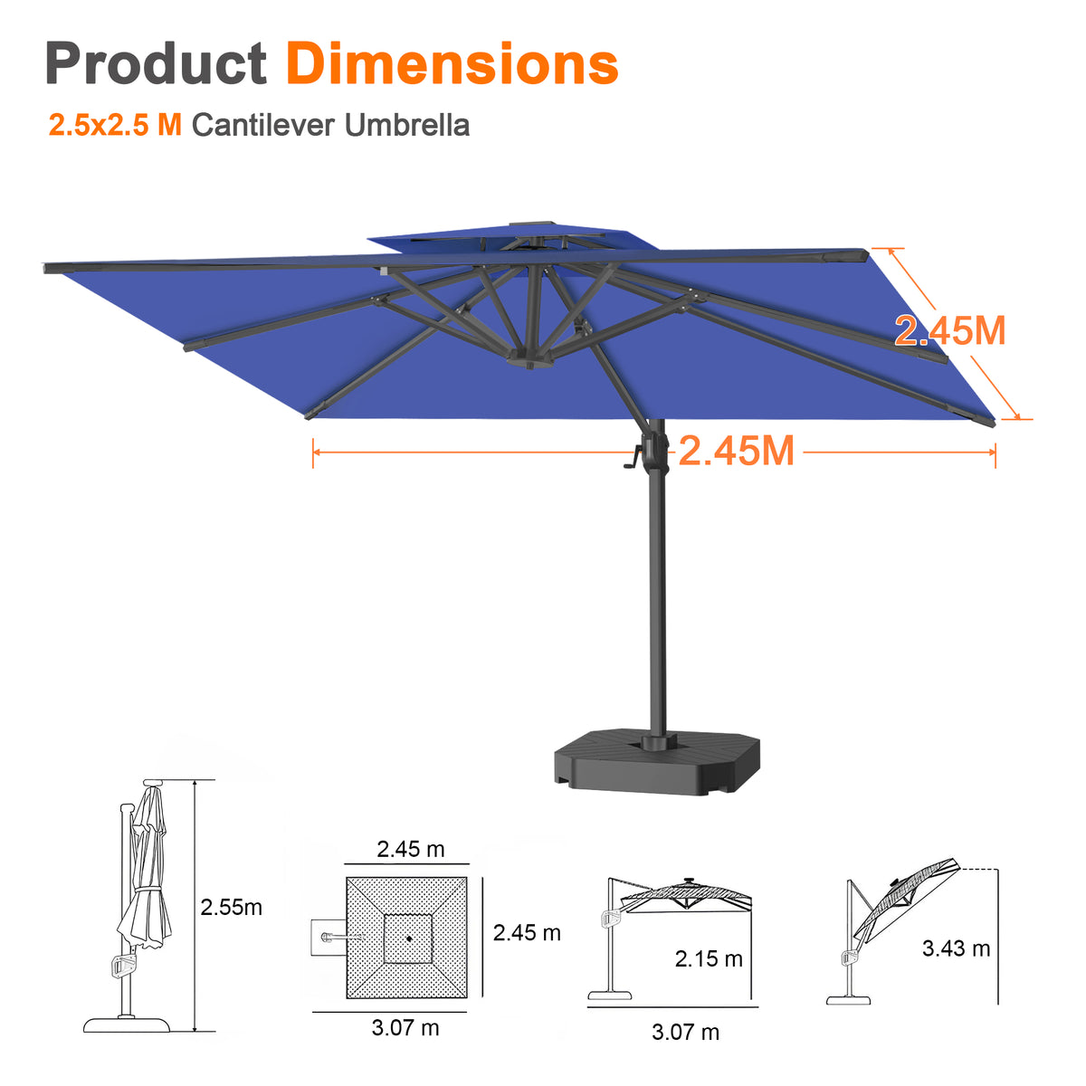 Patioslife Aegis Pro Cantilever Umbrella with Cross Base — Heavy-Duty Frame & Powder-Coated Aluminium Pole for Garden & Patio