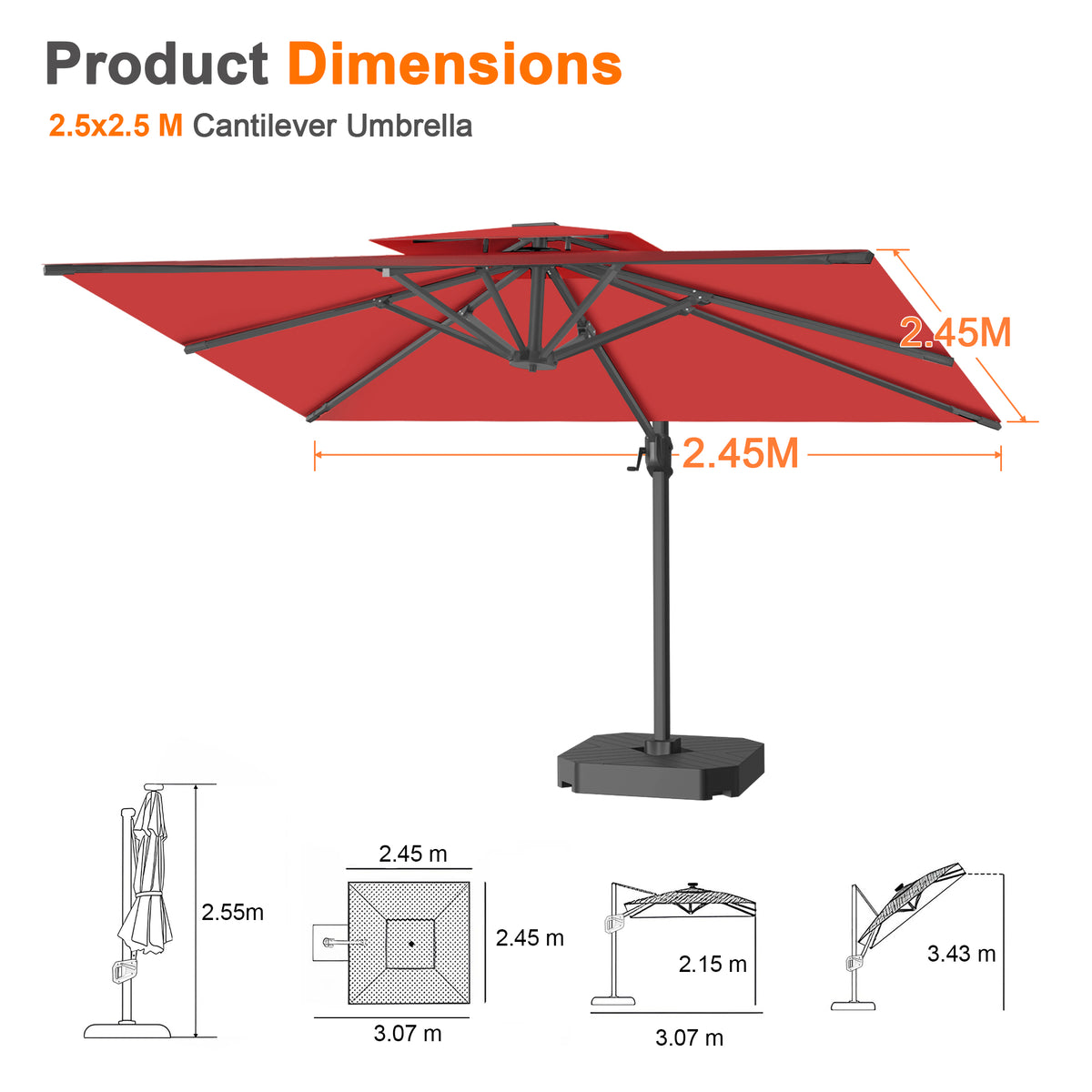 Patioslife Aegis Pro Cantilever Umbrella with Cross Base — Heavy-Duty Frame & Powder-Coated Aluminium Pole for Garden & Patio