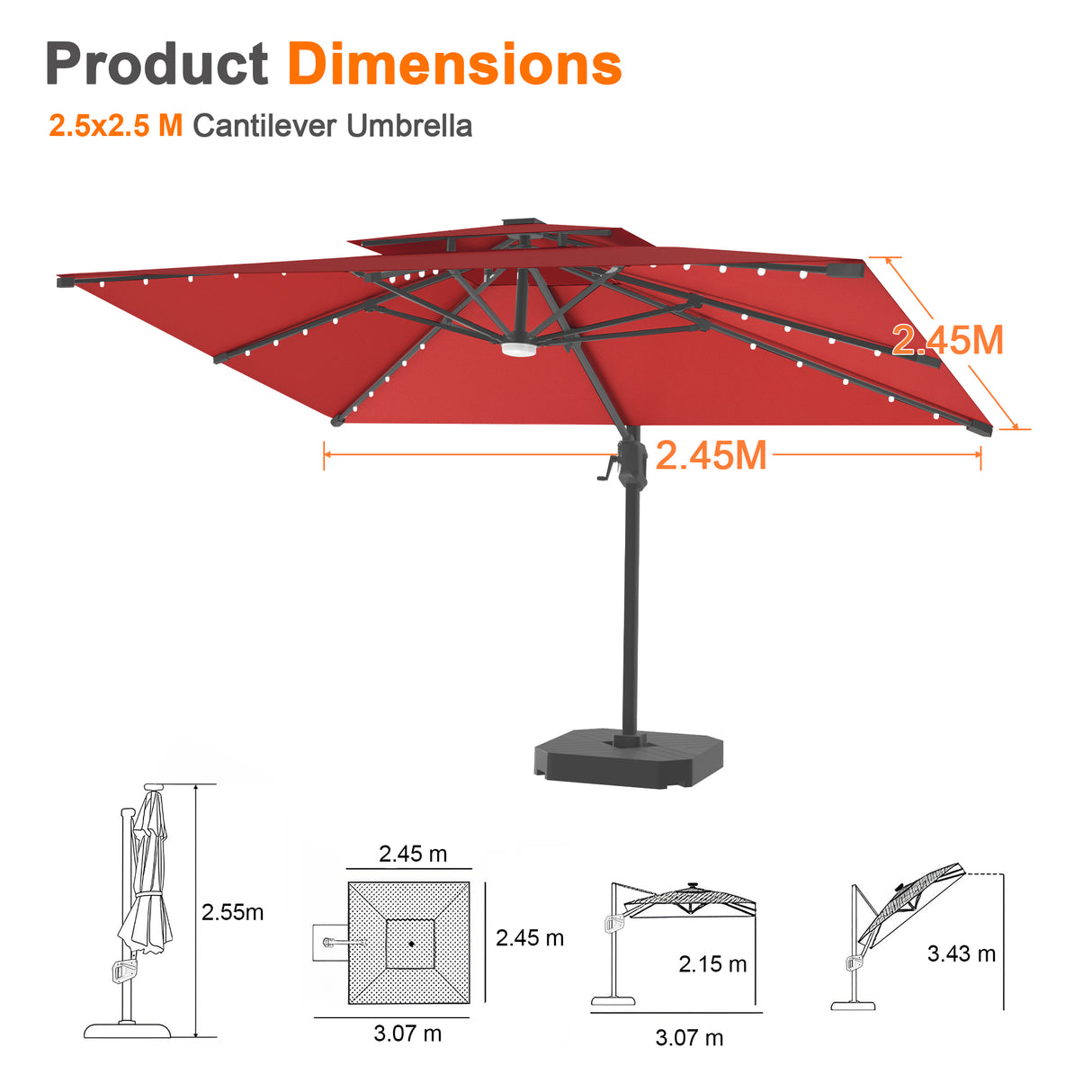Patioslife Aegis Pro Cantilever Umbrella with LED Lights, Reinforced & Powder-Coated Aluminium Ribs and Pole — Perfect for Garden & Patio