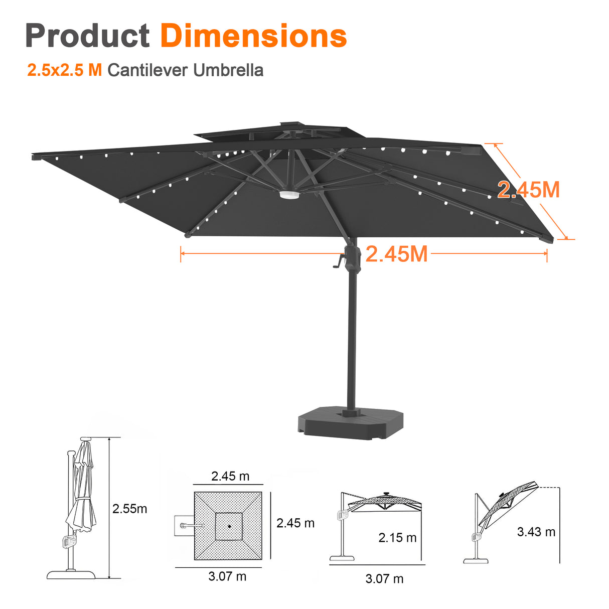 Patioslife Aegis Pro Cantilever Umbrella with LED Lights, Reinforced & Powder-Coated Aluminium Ribs and Pole — Perfect for Garden & Patio
