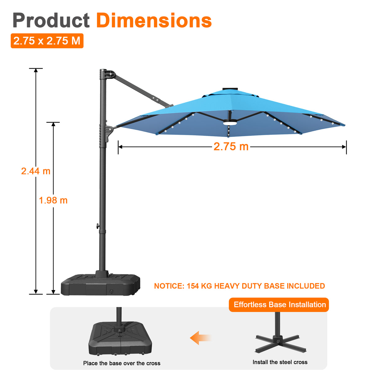 Patioslife Aegis Pro All-in-One Shade Round Cantilever Patio Umbrella with solar LED lights | Premium Cover | Large Base