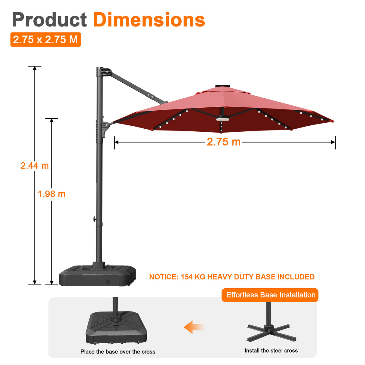 Patioslife Aegis Pro All-in-One Shade Round Cantilever Patio Umbrella with solar LED lights | Premium Cover | Large Base
