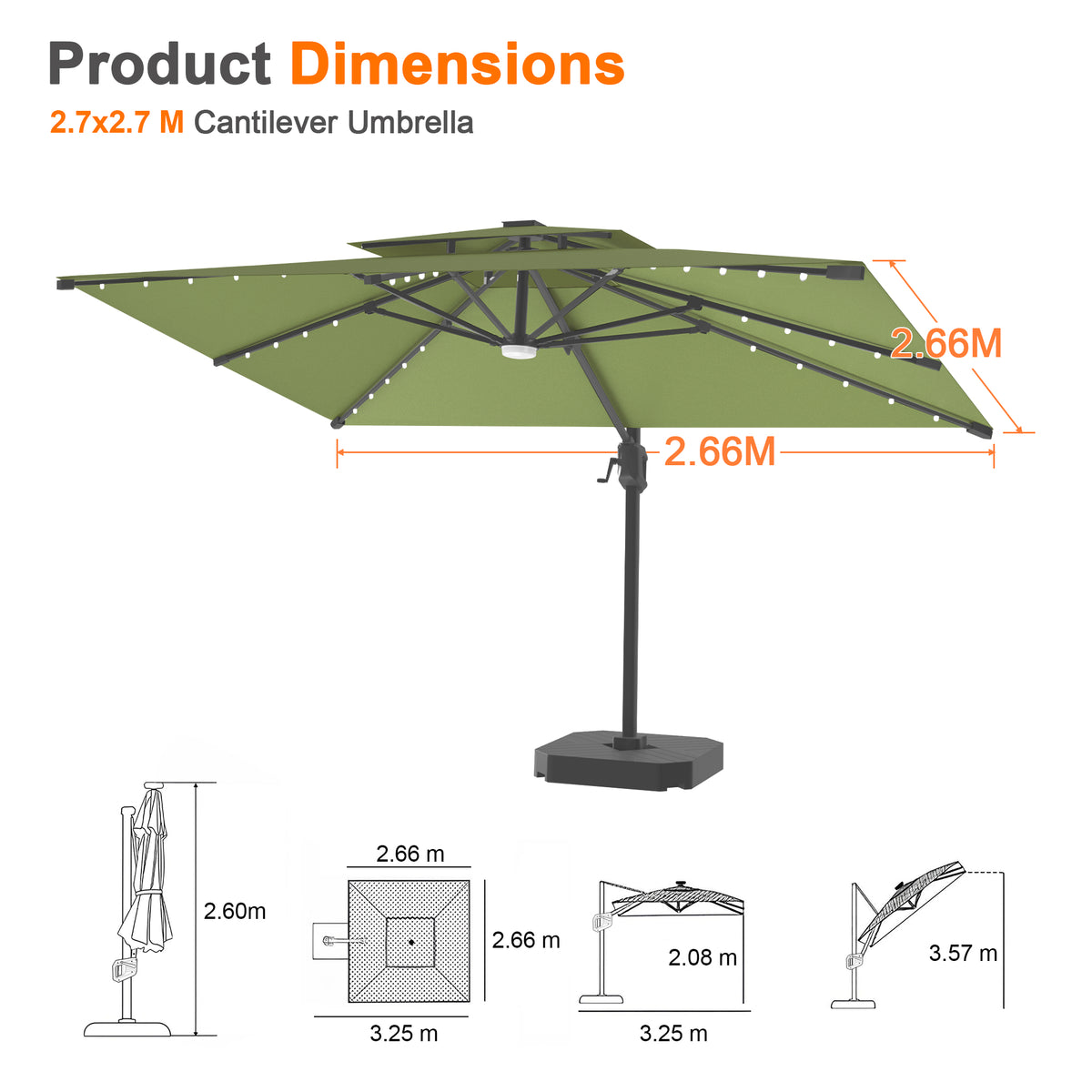 Patioslife Aegis Pro Cantilever Umbrella with LED Lights, Reinforced & Powder-Coated Aluminium Ribs and Pole — Perfect for Garden & Patio