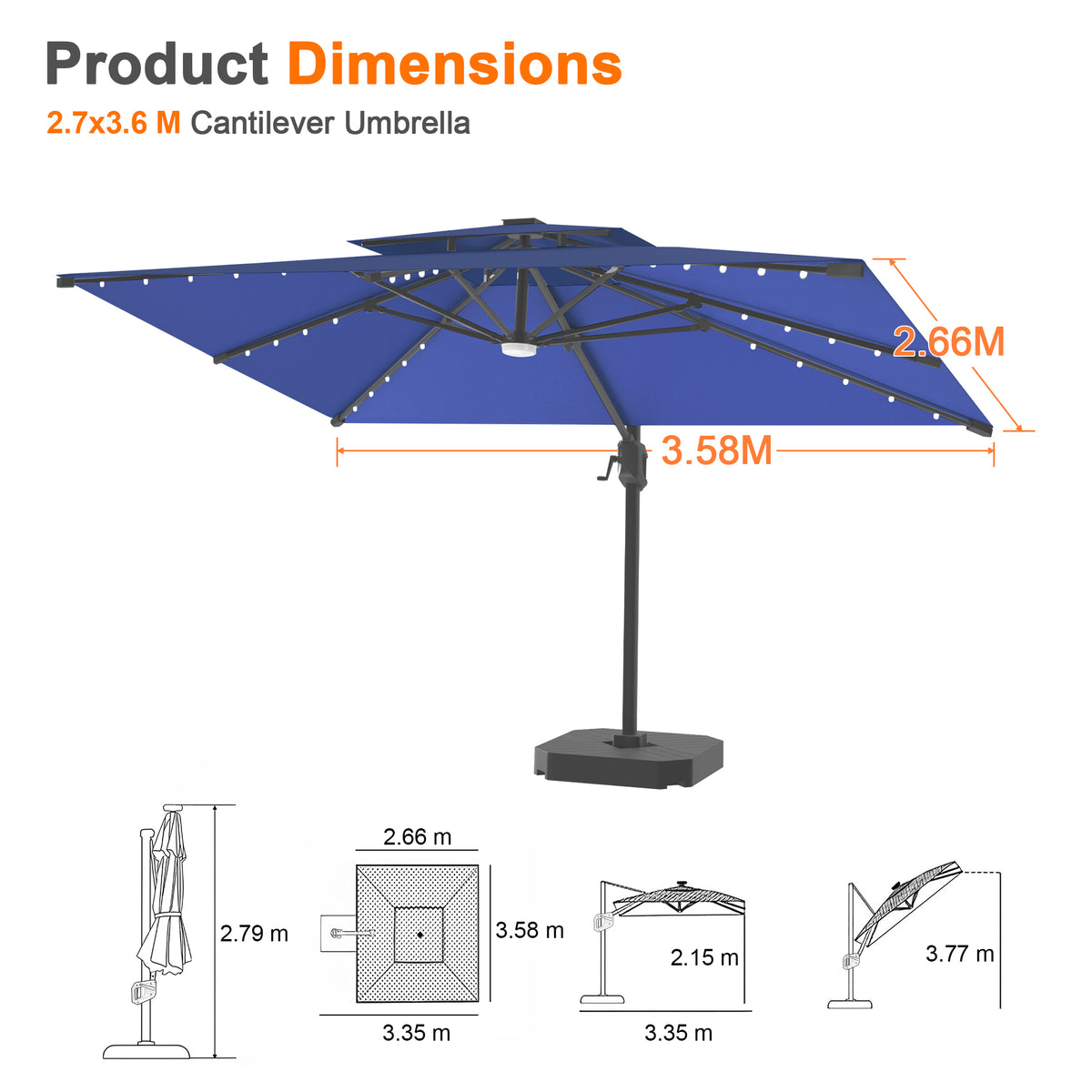 Patioslife Aegis Pro Cantilever Umbrella with LED Lights, Reinforced & Powder-Coated Aluminium Ribs and Pole — Perfect for Garden & Patio