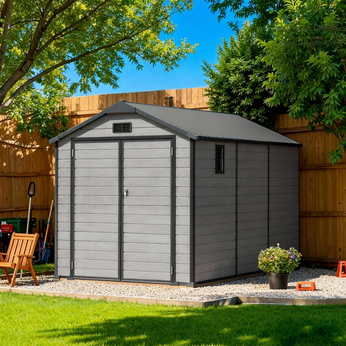 Outdoor Storage Shed with Floor Patioslife YardVault , All-Weather Waterproof Plastic Garden Shed  in Resin with Lock and Window for Backyard, Heavy-Duty Storage Shed for Tools, Bikes & Lawn Equipment