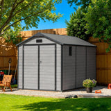 Outdoor Storage Shed with Floor Patioslife YardVault , All-Weather Waterproof Plastic Garden Shed  in Resin with Lock and Window for Backyard, Heavy-Duty Storage Shed for Tools, Bikes & Lawn Equipment