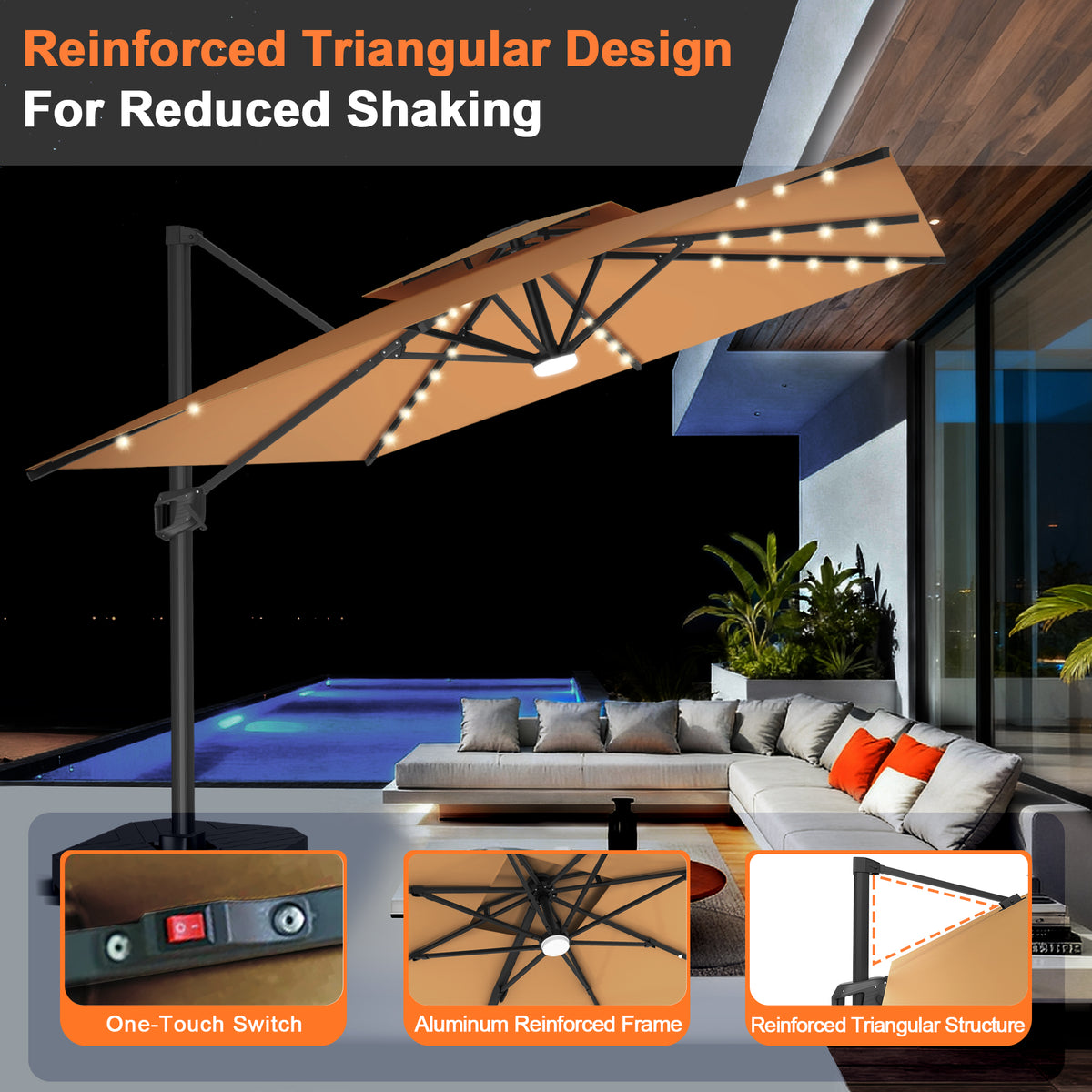 Patioslife Aegis Pro Cantilever Umbrella with LED Lights, Reinforced & Powder-Coated Aluminium Ribs and Pole — Perfect for Garden & Patio