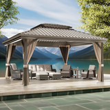 Patioslife Haven | 3.65 x 4.8m Brown Hardtop Gazebo, Heavy Duty Aluminum Frame, Double Vented Roof & Curtains for Patio & Garden