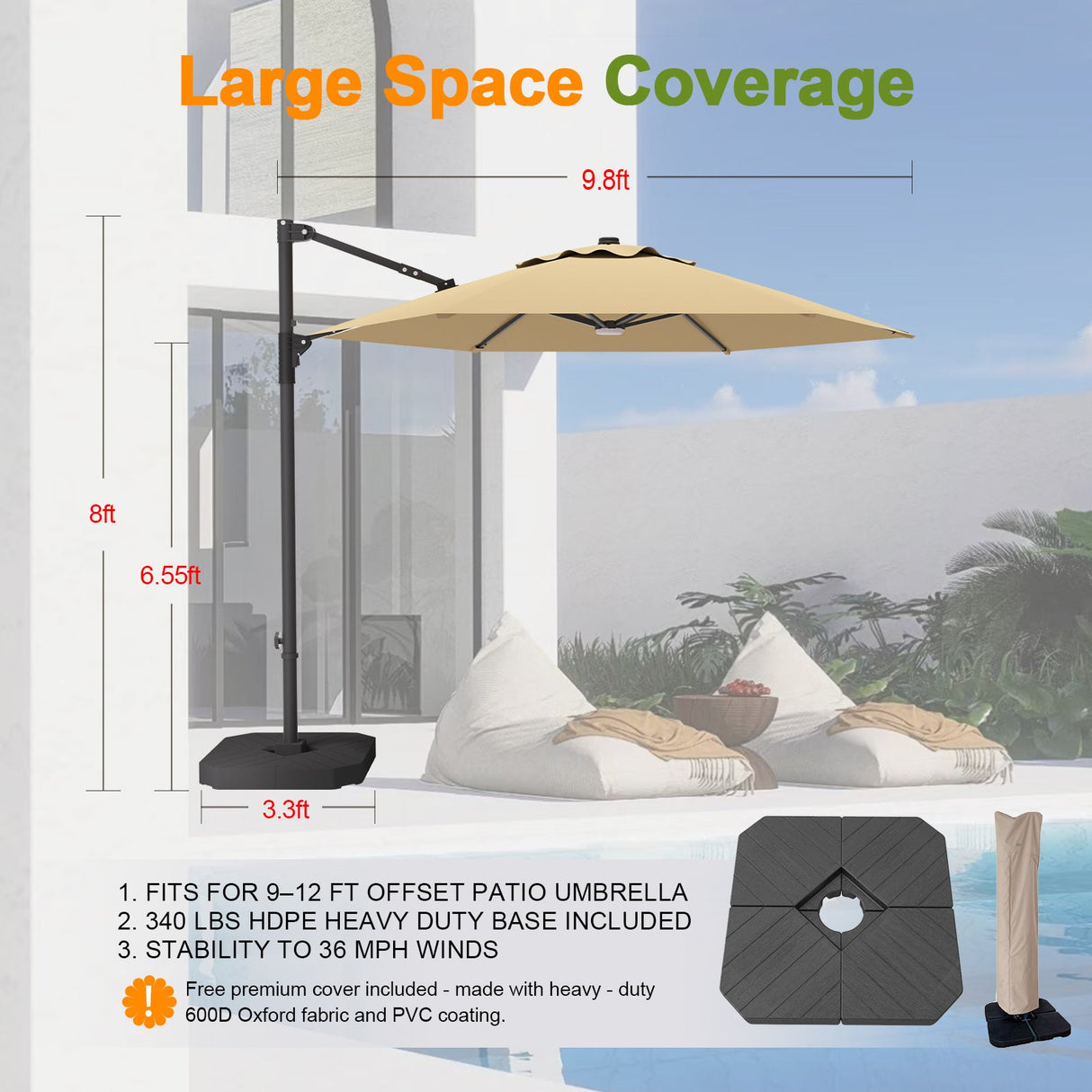 Patioslife Aegis Pro™ All-in-One Shade Round Cantilever Patio Umbrella with solar LED lights | Premium Cover | Large Base