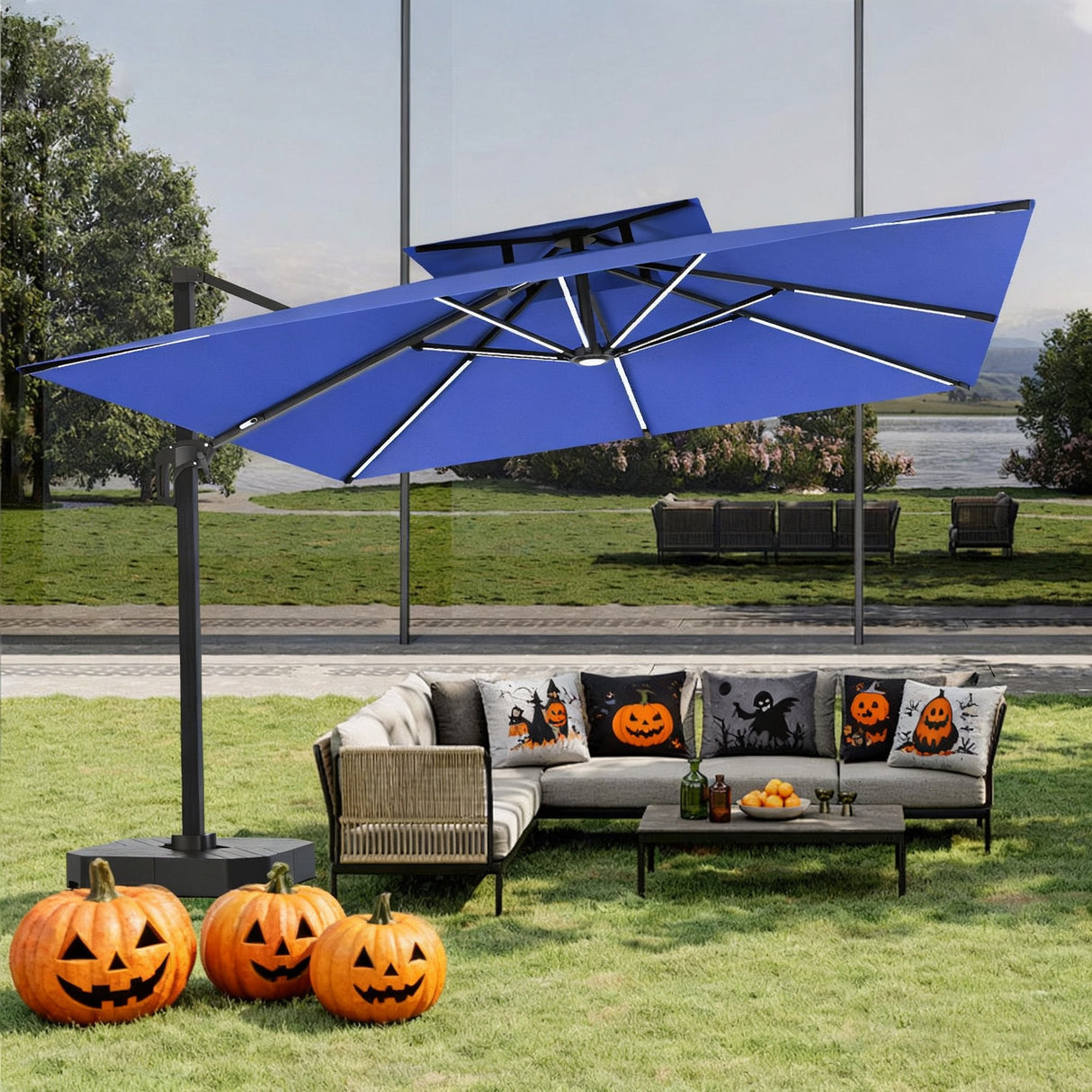 Patioslife Aegis Premium Cantilever Umbrella with LED Strip Lights, Fibreglass Ribs & Powder-Coated Aluminium Pole, Cover— Luxury Garden & Patio Shade