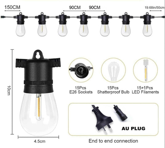 Patioslife™| 16M Waterproof Outdoor String Lights – 53FT LED Patio Lights with Shatterproof S14 Bulbs