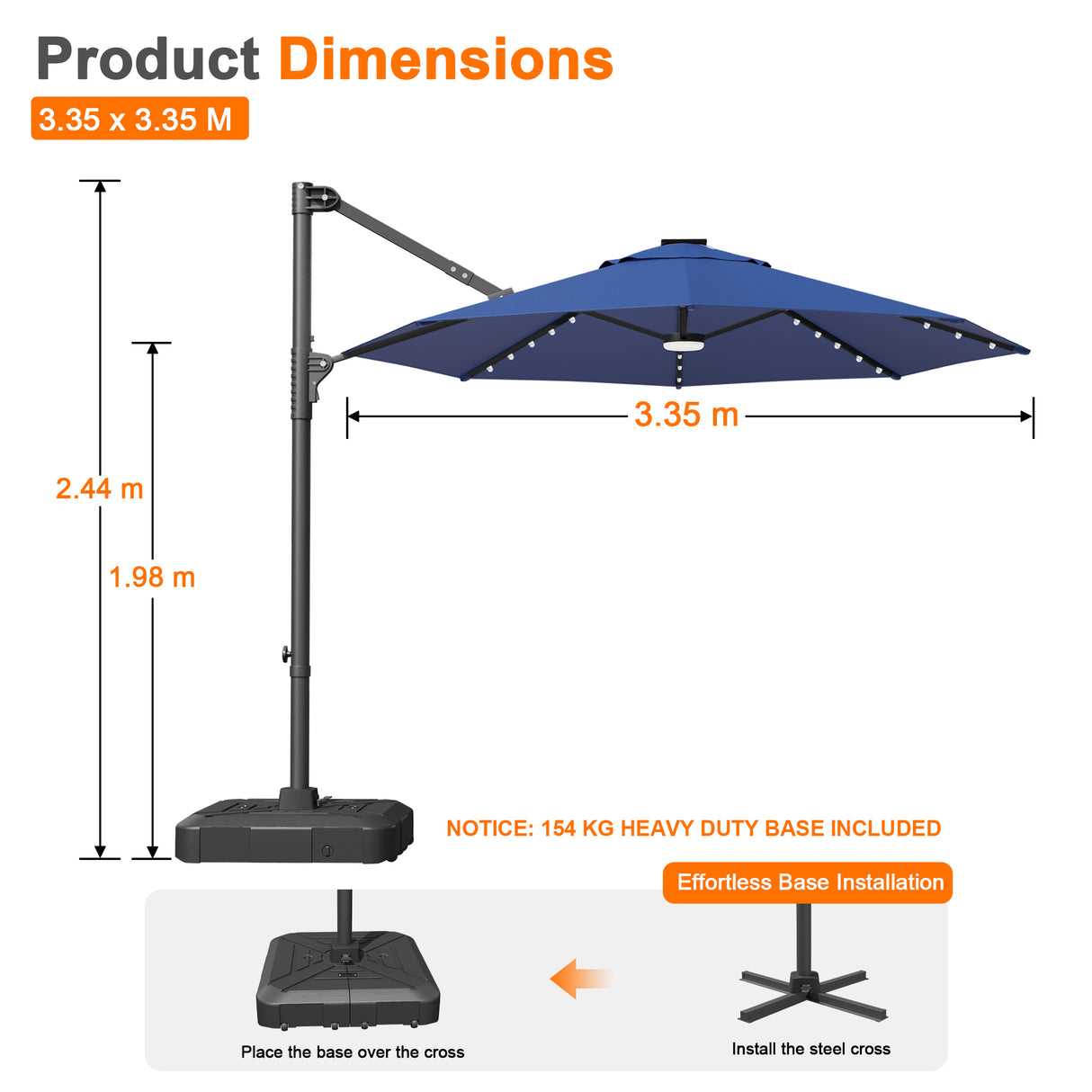 Patioslife Aegis Pro All-in-One Shade Round Cantilever Patio Umbrella with solar LED lights | Premium Cover | Large Base