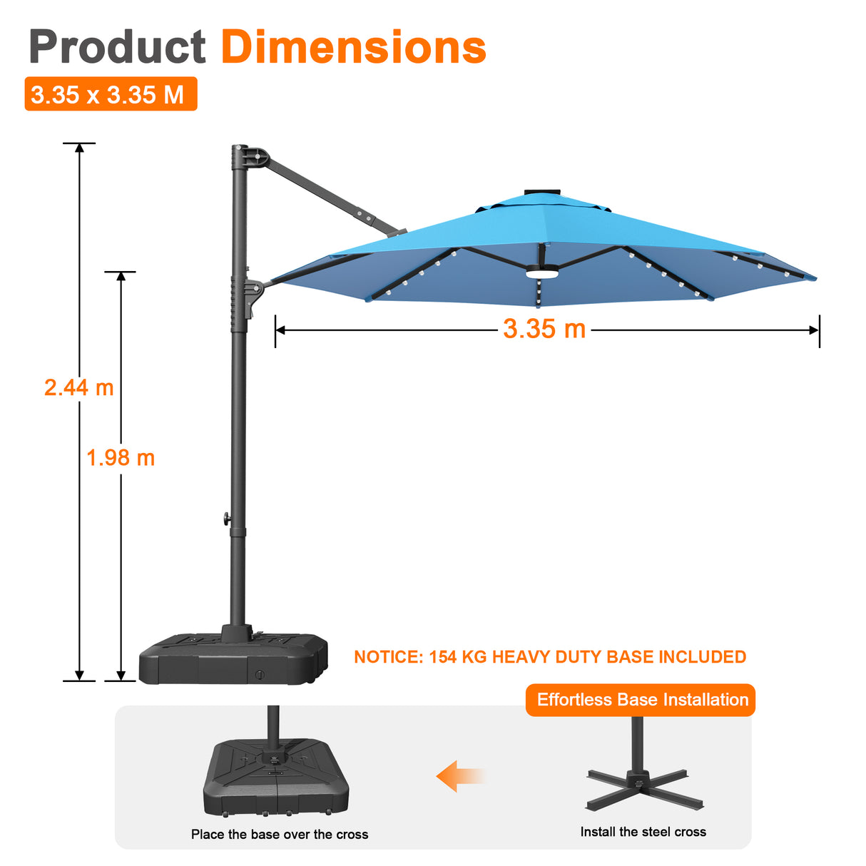 Patioslife Aegis Pro All-in-One Shade Round Cantilever Patio Umbrella with solar LED lights | Premium Cover | Large Base