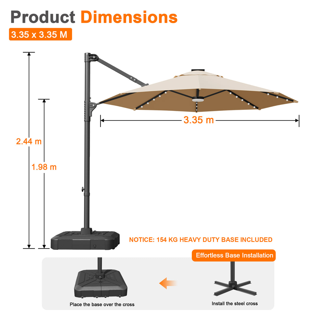 Patioslife Aegis Pro All-in-One Shade Round Cantilever Patio Umbrella with solar LED lights | Premium Cover | Large Base