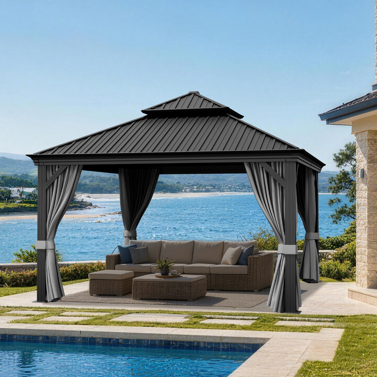 Patioslife Luxury Haven Coastal Hardtop Gazebo | Designed for Australian Outdoor Conditions with 120×120mm Aluminium Posts, Drainage Gutters, Double Vented Roof & Curtains