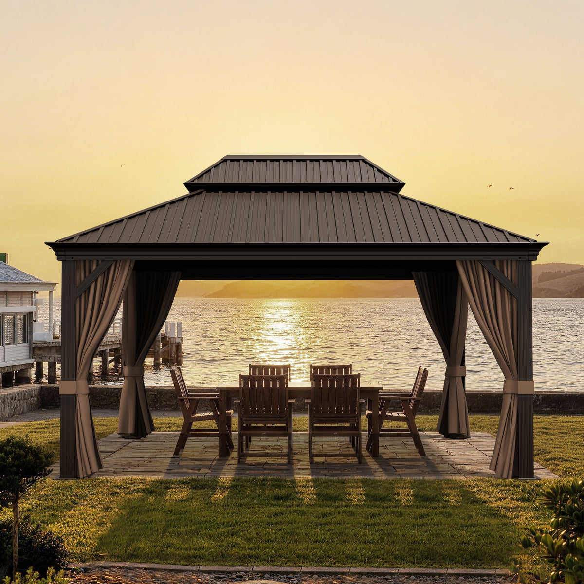 Patioslife Luxury Haven Coastal Hardtop Gazebo | Designed for Australian Outdoor Conditions with 120×120mm Aluminium Posts, Drainage Gutters, Double Vented Roof & Curtains
