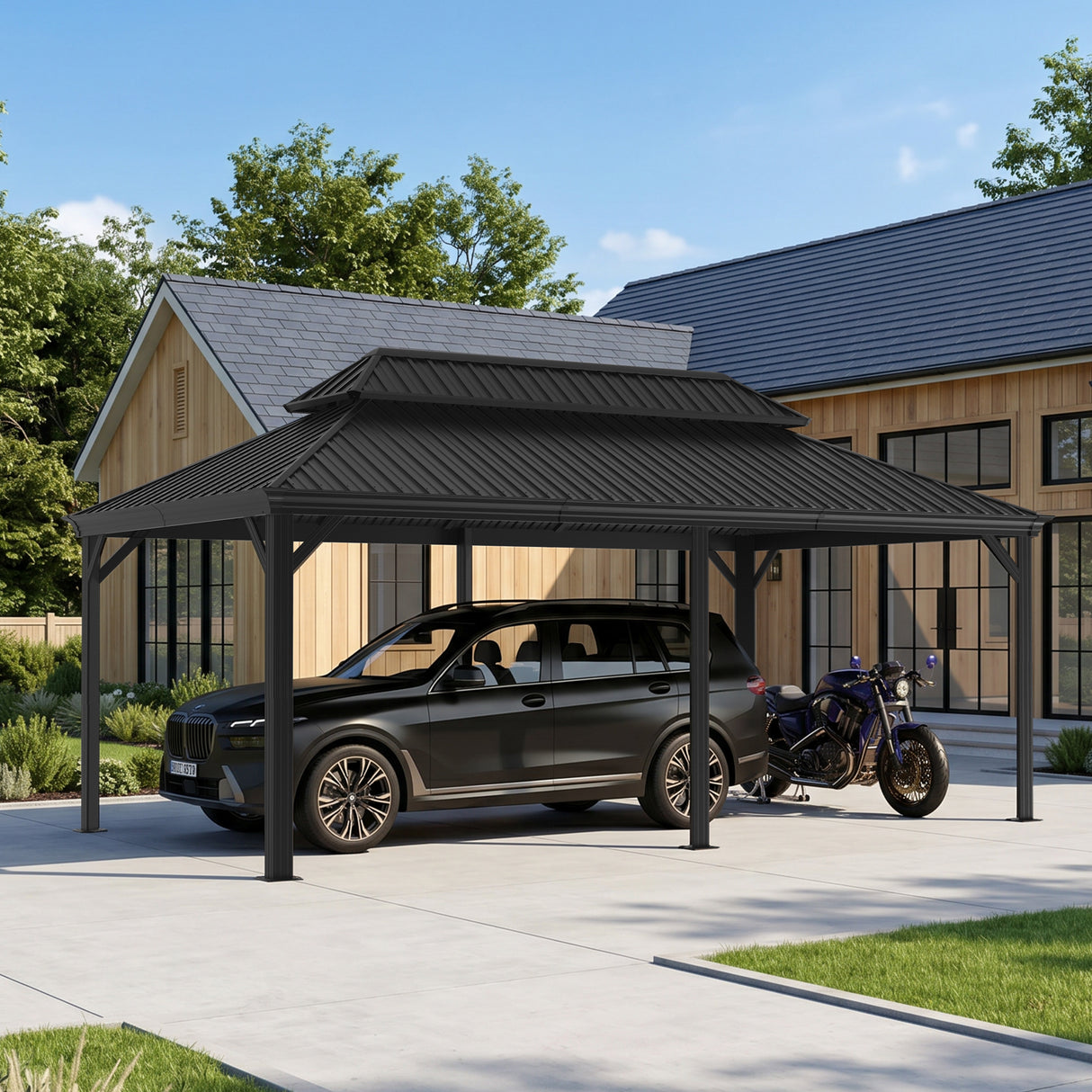 Patioslife Aluminium Carport with Steel Roof – Weatherproof Canopy for Cars, Motorbikes & Campervans