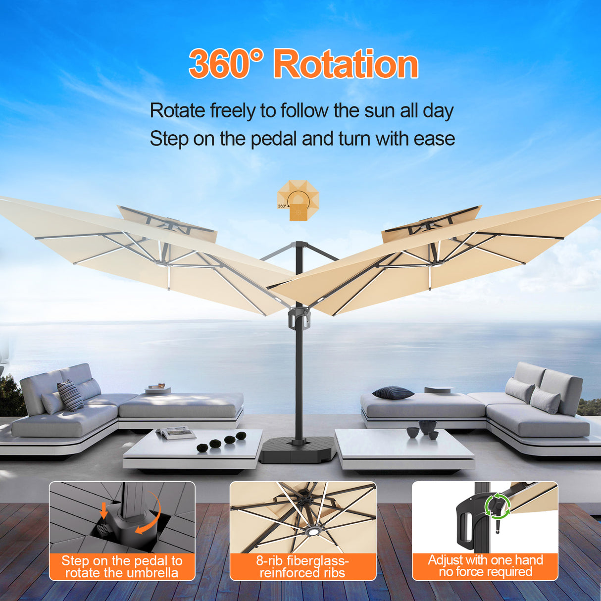 Patioslife Aegis Premium cantilever umbrella with 360 degree rotation, foot pedal control and adjustable shade angle for outdoor lounging