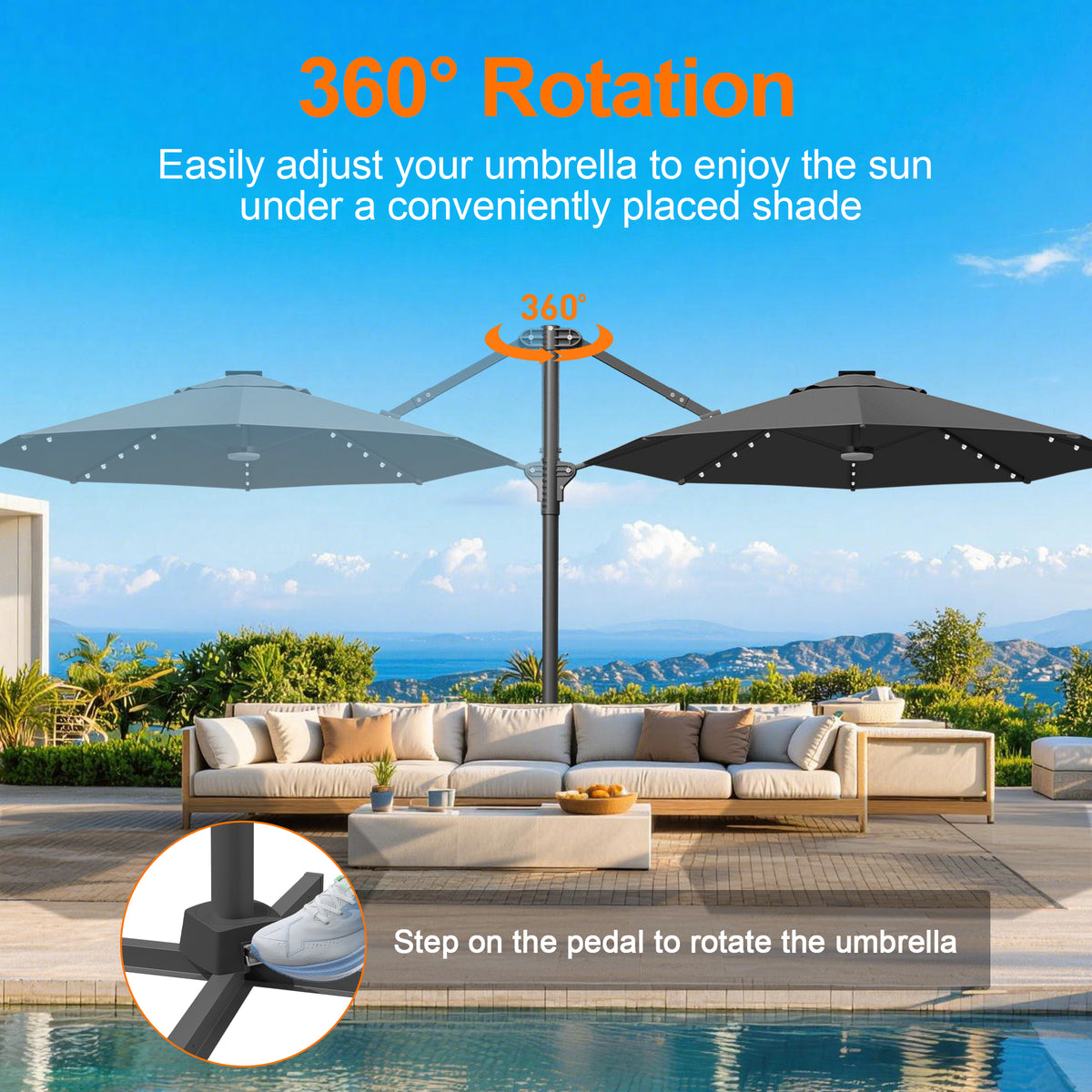 Patioslife Aegis Pro All-in-One Shade Round Cantilever Patio Umbrella with solar LED lights | Premium Cover | Large Base