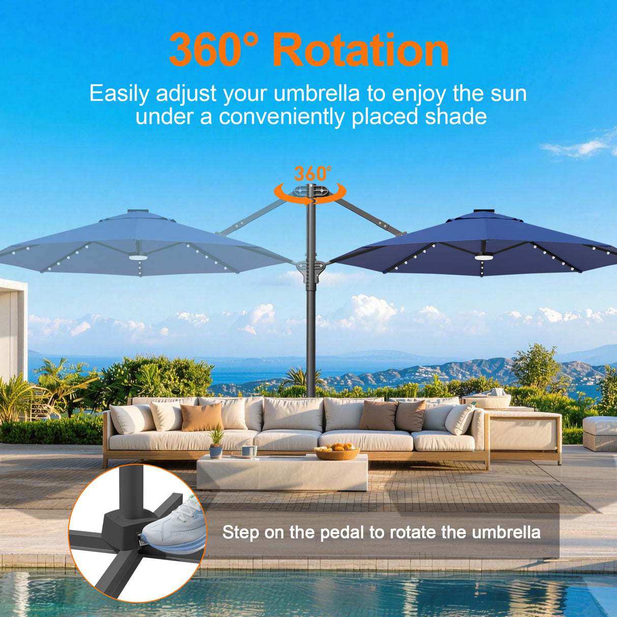 Patioslife Aegis Pro All-in-One Shade Round Cantilever Patio Umbrella with solar LED lights | Premium Cover | Large Base