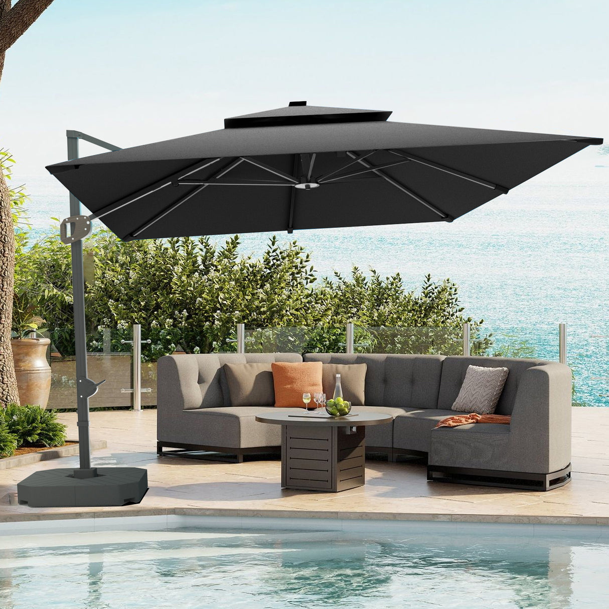 Patioslife Aegis Pro™ Cantilever Umbrella with Base & Protective Cover — Heavy-Duty Frame & Powder-Coated Aluminium Pole for Garden & Patio