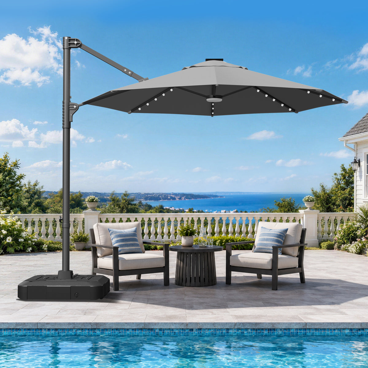 Patioslife Aegis Pro All-in-One Shade Round Cantilever Patio Umbrella with solar LED lights | Premium Cover | Large Base