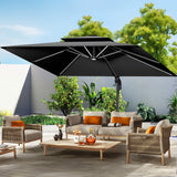 Patioslife 3×3m Black Aegis Premium cantilever umbrella with LED strip ribs shading a modern garden patio sofa set