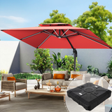 Patioslife 3×3m Burgundy Aegis Premium cantilever umbrella with heavy-duty base highlighted in the corner, over a bright patio lounge setting with wicker chairs, sofa, wooden table and lush garden backdrop