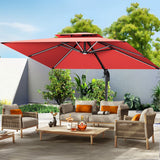Patioslife 3×3m Burgundy Aegis Premium cantilever umbrella with LED strip ribs over outdoor lounge furniture