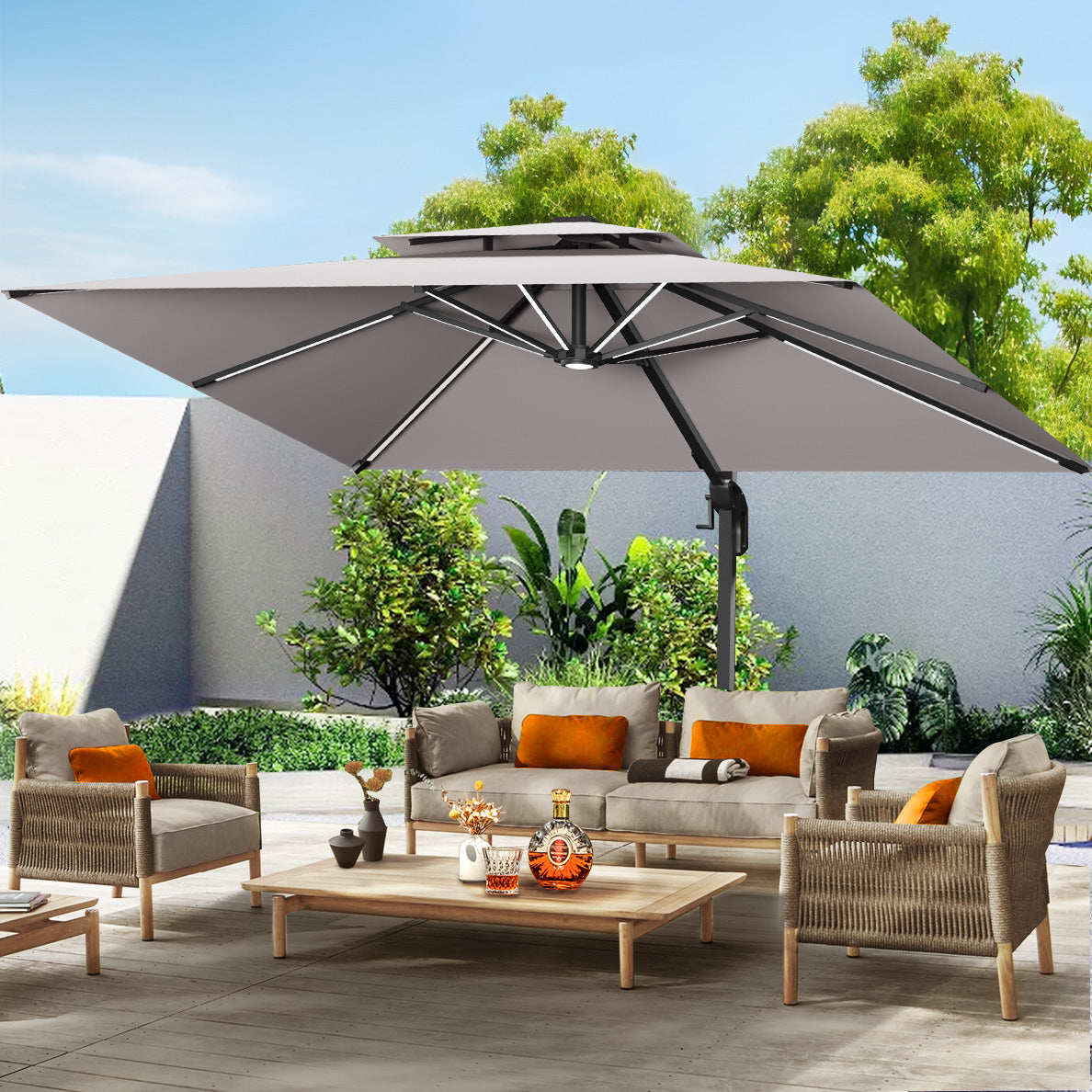 Patioslife 3×3m Charcoal Aegis Premium cantilever umbrella with LED strip ribs over modern patio sofa seating