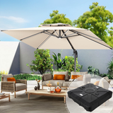 Patioslife 3×3m Cream Aegis Premium cantilever umbrella with heavy-duty base highlighted, over a backyard wicker sofa set with wooden coffee table, green plants, tall trees and a white patio wall