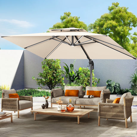 Patioslife 3×3m Cream Aegis Premium cantilever umbrella with LED strip ribs over modern patio sofa and garden backdrop