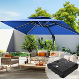 Patioslife 3×3m Navy Blue Aegis Premium cantilever umbrella with sturdy base highlighted, shading a backyard patio seating set with wicker furniture, wood table, leafy plants and a white garden wall