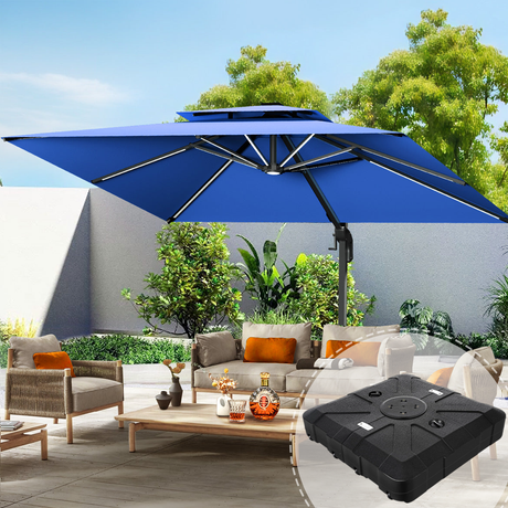 Patioslife 3×3m Navy Blue Aegis Premium cantilever umbrella with sturdy base highlighted, shading a backyard patio seating set with wicker furniture, wood table, leafy plants and a white garden wall