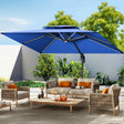 Patioslife 3×3m Navy Blue Aegis Premium cantilever umbrella with LED strip ribs over outdoor patio seating