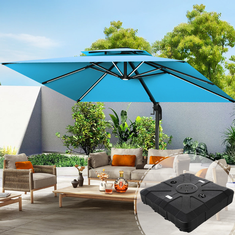 Patioslife 3×3m Turquoise Aegis Premium cantilever umbrella with sturdy base highlighted, shading a modern patio conversation set with wicker seating, wooden coffee table, shrubs and sunlit trees