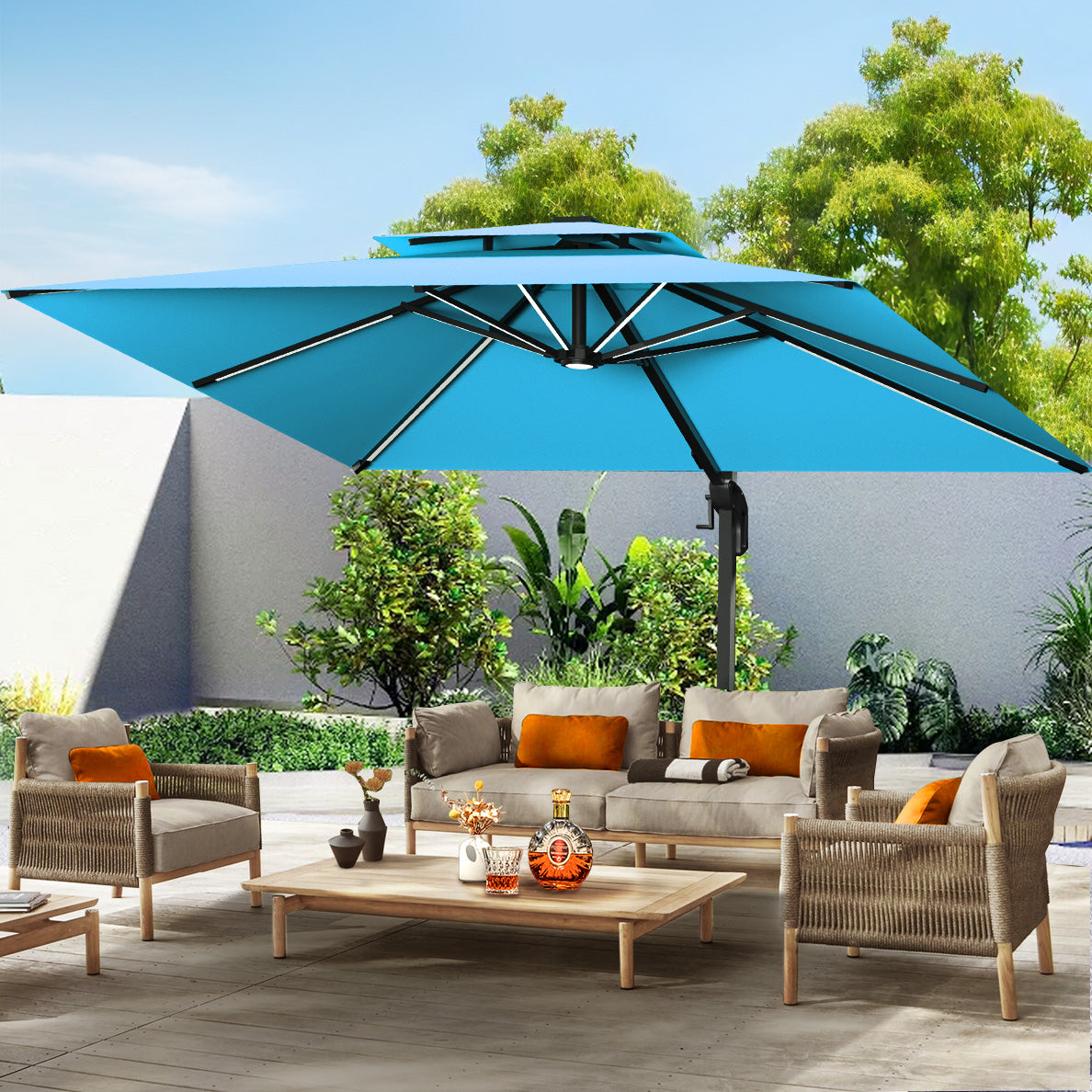 Patioslife 3×3m Turquoise Aegis Premium cantilever umbrella with LED strip ribs over bright backyard lounge area