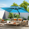 Patioslife 3×3m Turquoise Aegis Premium cantilever umbrella with LED strip ribs over bright backyard lounge area