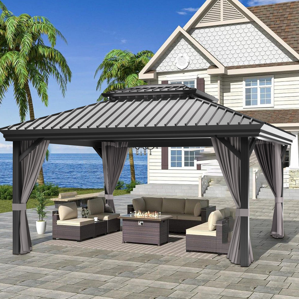 Patioslife3x3.65m Luxury Haven Hardtop Gazebo Grey with Curtains for Australian Backyard Patio
