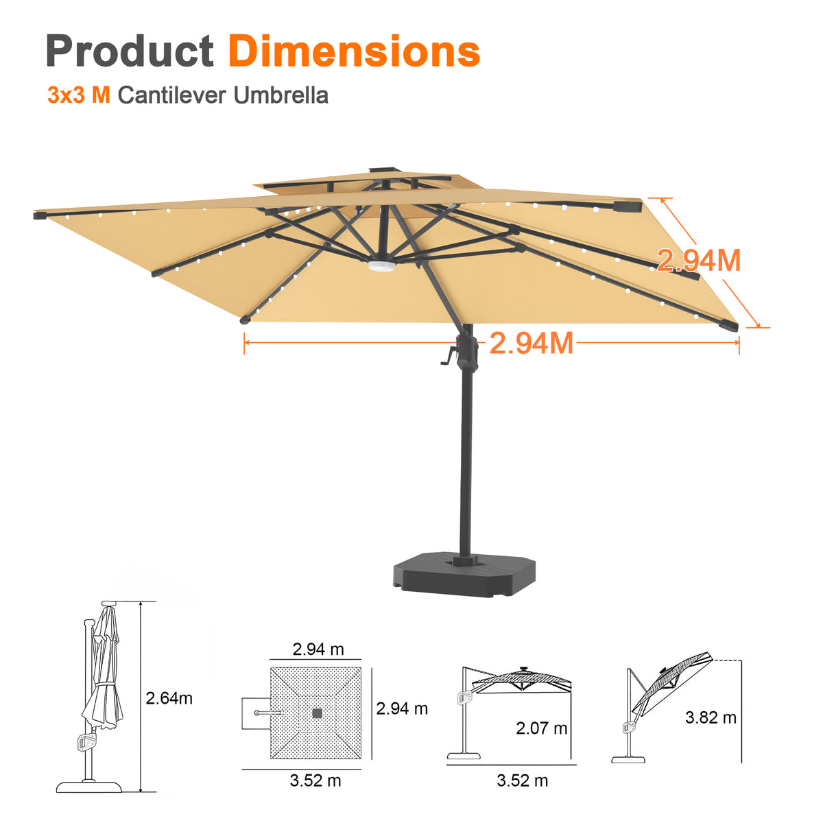 Patioslife Aegis Pro Cantilever Umbrella with LED Lights, Reinforced & Powder-Coated Aluminium Ribs and Pole — Perfect for Garden & Patio