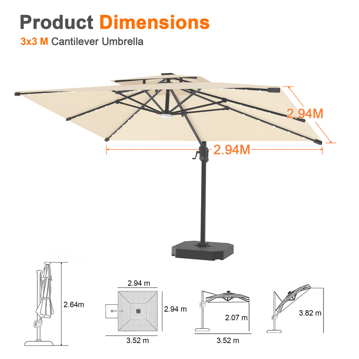 Patioslife Aegis Pro Cantilever Umbrella with LED Lights, Reinforced & Powder-Coated Aluminium Ribs and Pole — Perfect for Garden & Patio