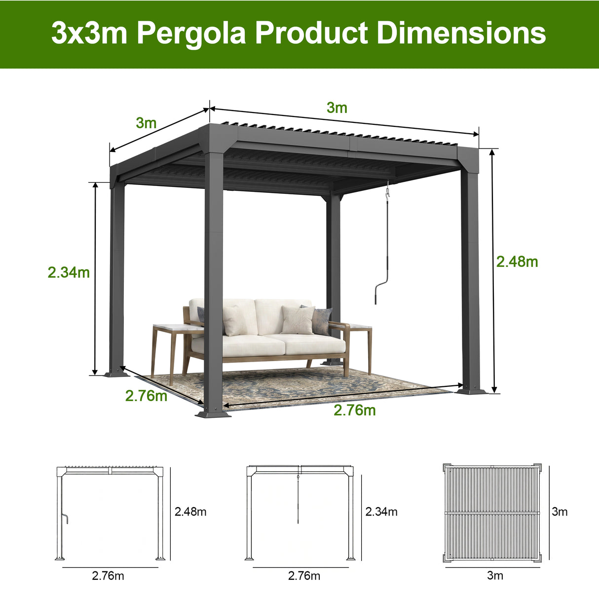 Patioslife Atlantic | 3 x 3m Metal Pergola with Adjustable Louvers & Built-In LED Lighting, Modern Shade Solution for Garden, Patio & Balcony