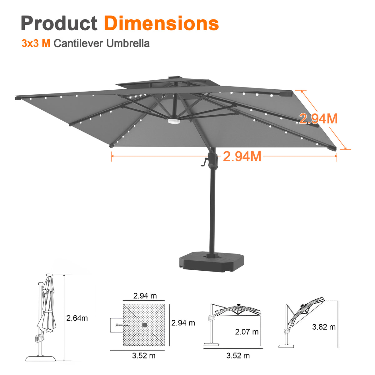 Patioslife Aegis Pro Cantilever Umbrella with LED Lights, Reinforced & Powder-Coated Aluminium Ribs and Pole — Perfect for Garden & Patio