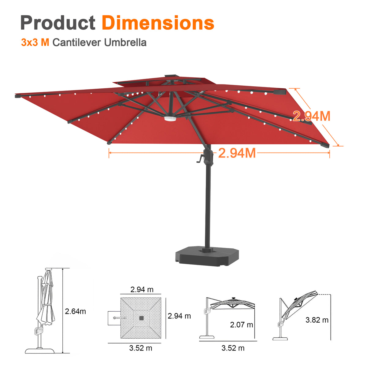 Patioslife Aegis Pro Cantilever Umbrella with LED Lights, Reinforced & Powder-Coated Aluminium Ribs and Pole — Perfect for Garden & Patio