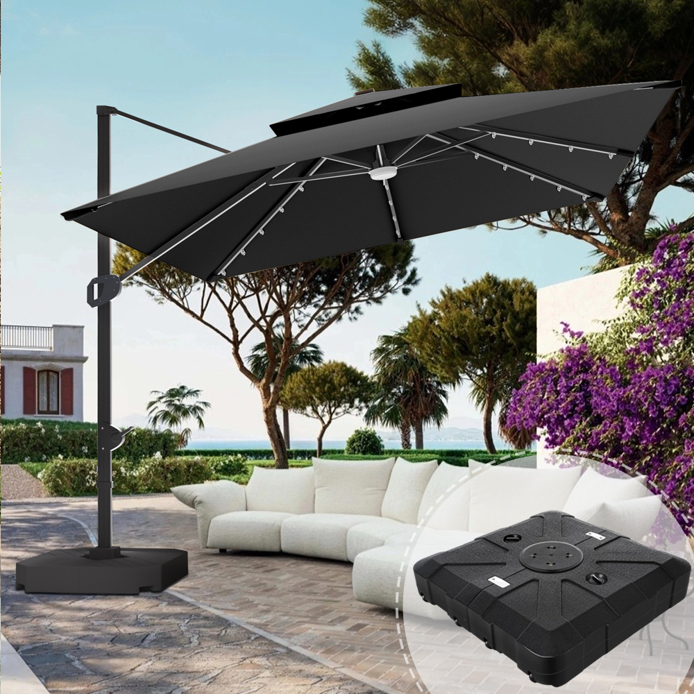 Patioslife 3x3m Black LED cantilever umbrella with black base detail shading garden sofa seating