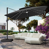 Patioslife 3x3m Black LED cantilever umbrella shading white outdoor sofa on a garden patio with purple flowers