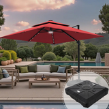 Patioslife 3x3m Burgundy LED cantilever umbrella with black base detail over evening poolside seating