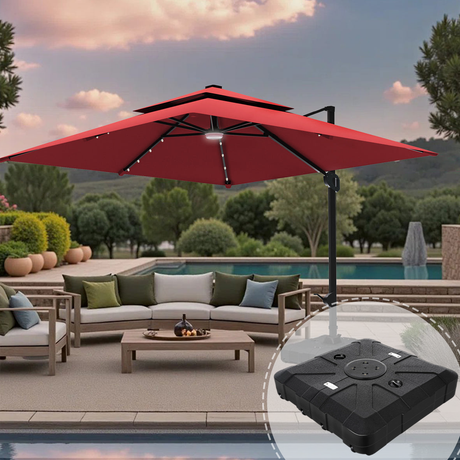 Patioslife 3x3m Burgundy LED cantilever umbrella with black base detail over evening poolside seating